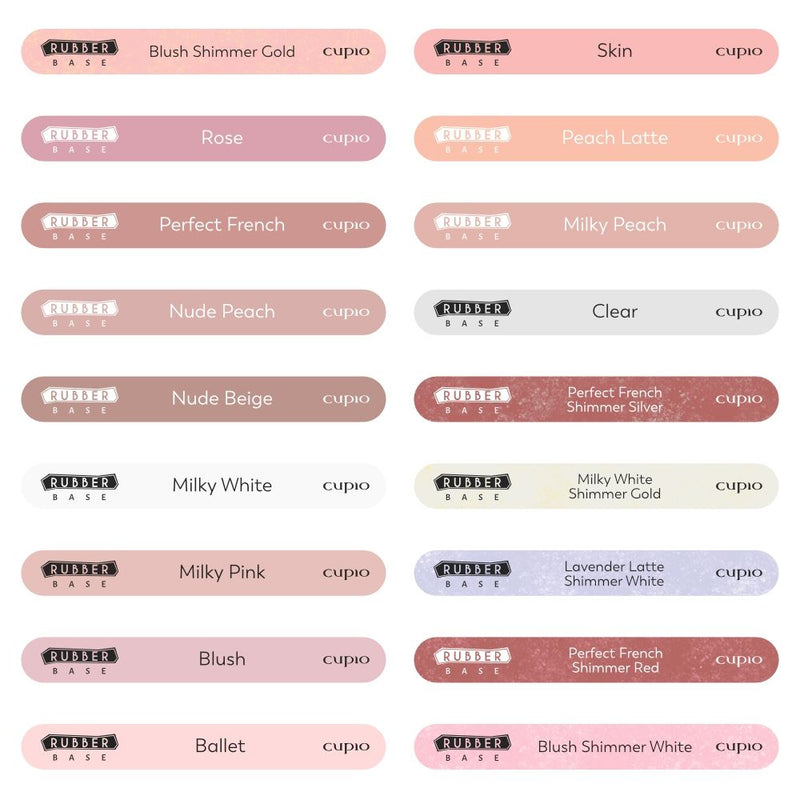 Farveprøver fra Cupio Rubber Base French Collection med nuancer i lyserød, nude, beige og milde pasteltoner, velegnet til fransk manicure.